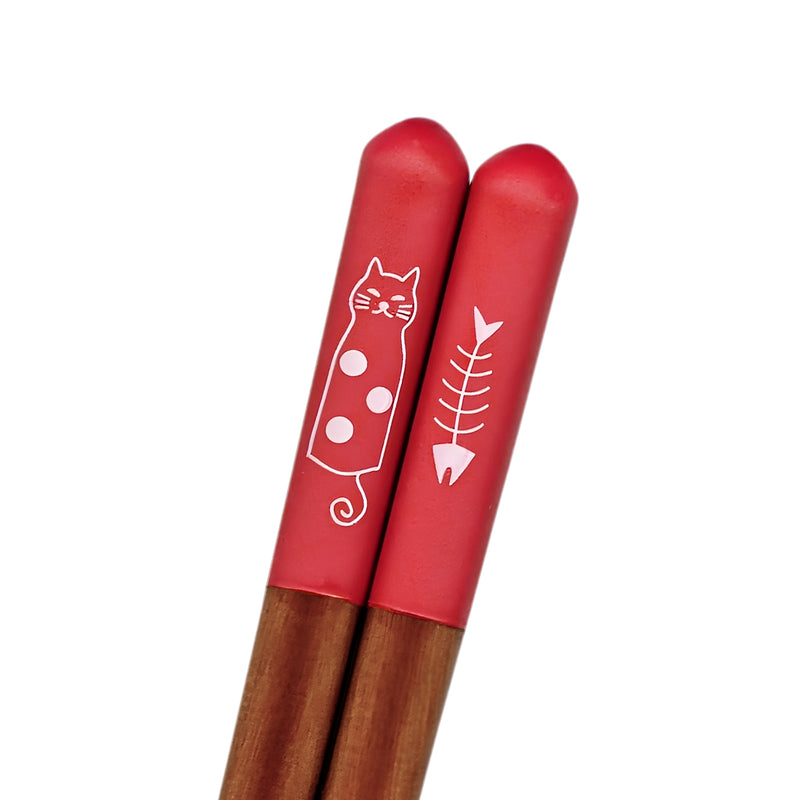 Natural Wood Chopsticks Silly Cat Red 21cm Made In Japan