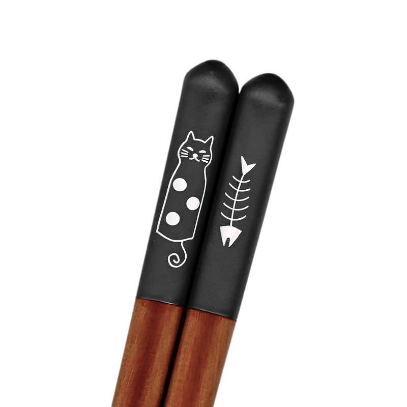 Natural Wood Chopsticks Silly Cat Black 23cm Made In Japan