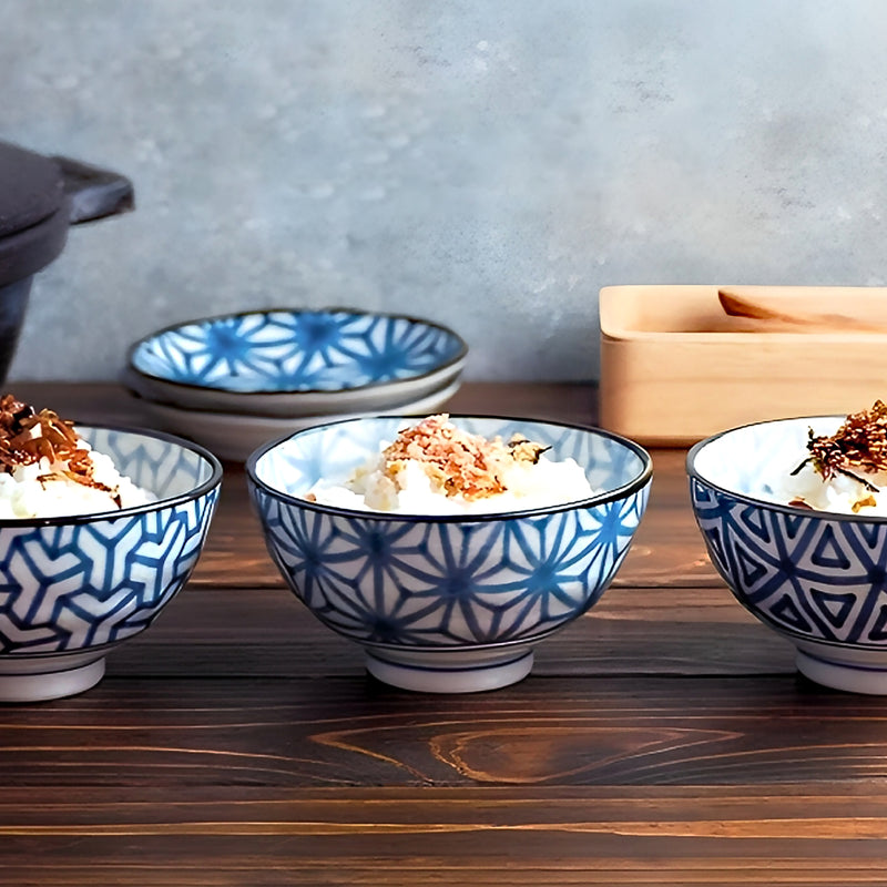 Japanese Ceramic Rice Bowl 13cm Indigo Ikat Triangle