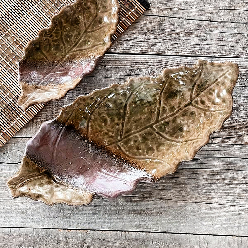 Japanese Ceramic Leaf Dish 26cm Handmade Raw Umber