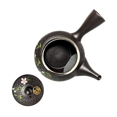 Japanese TOKONAME Tea Pot With Handle Cherry Blossom Matte Black 17cm