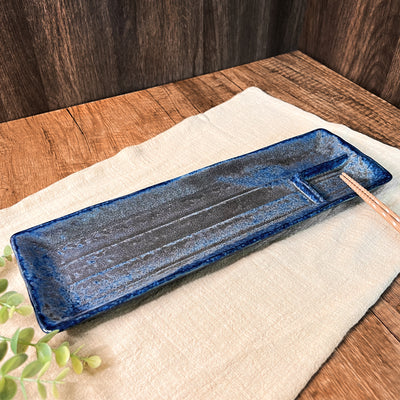 Japanese Retro Ceramic Serving Plate With Dipping Divider Blue 33cm