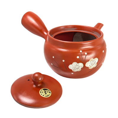 Japanese TOKONAME Tea Pot With Handle Plum Bossom Cinnabar 17cm