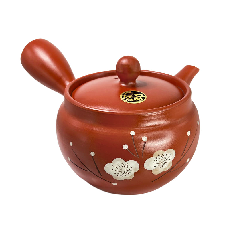 Japanese TOKONAME Tea Pot With Handle Plum Bossom Cinnabar 17cm