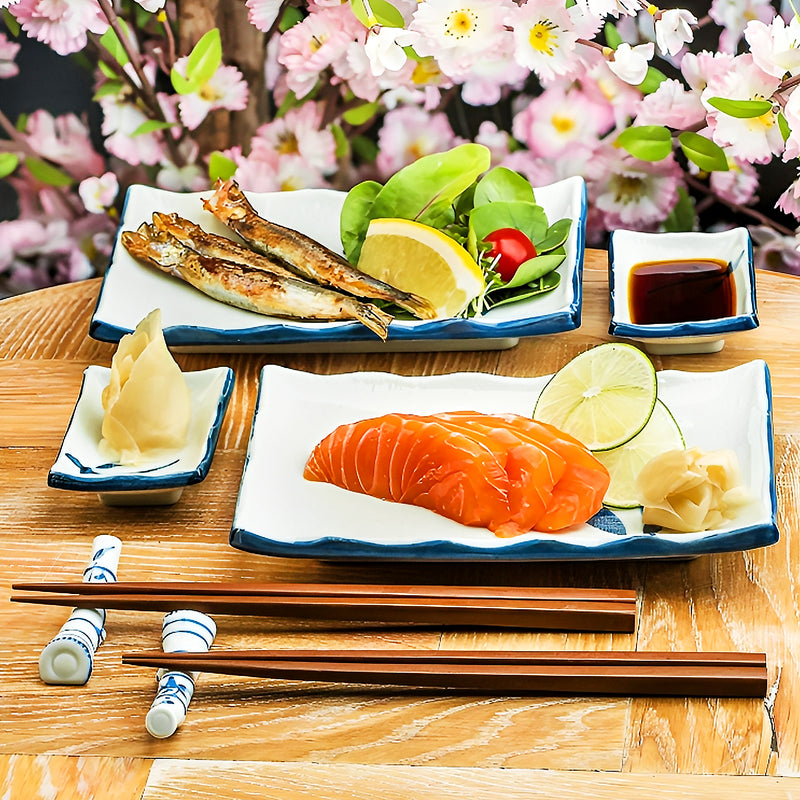 Japanese Rectangular Sushi Plate 20cm Blue Leaf