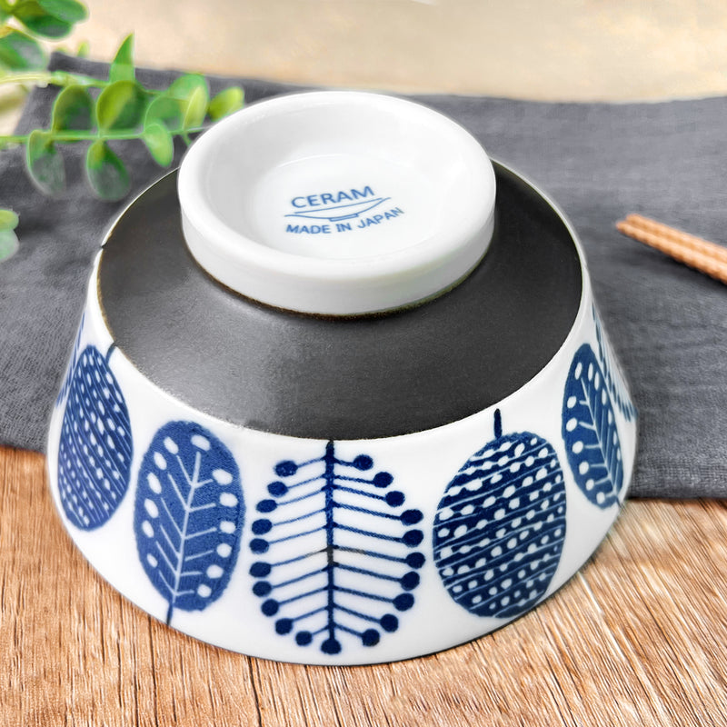 Japanese Ceramic Rice Bowl 13cm Blue Leaves