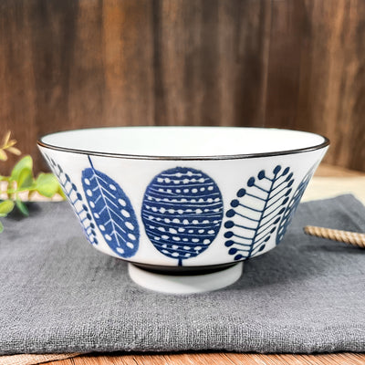 Japanese Ceramic Rice Bowl 13cm Blue Leaves