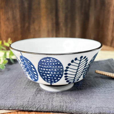 Japanese Ceramic Rice Bowl 13cm Blue Leaves