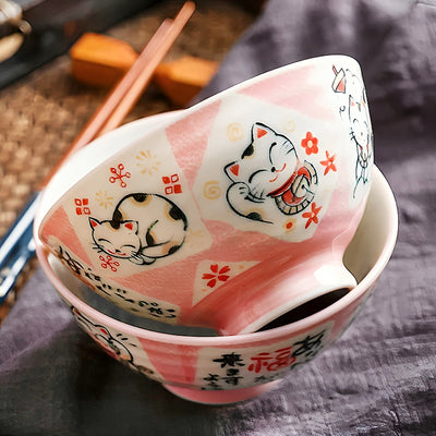 Japanese Ceramic Rice Bowl 11.5cm Lucky Cat Pink