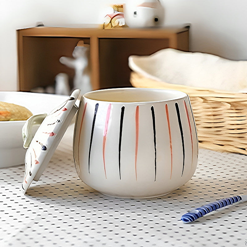 Ceramic Chawanmushi Soup Bowl With Lid Coloured Stripes