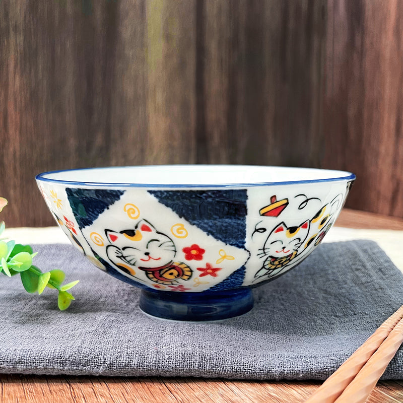 Japanese Ceramic Serving Bowl 14cm Lucky Cat Blue