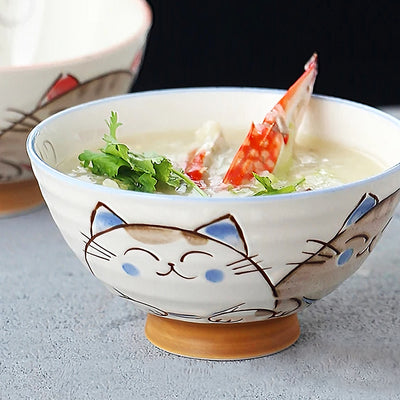 Japanese Ceramic Rice Bowl 11.5cm Maneki Lucky Cat Blue