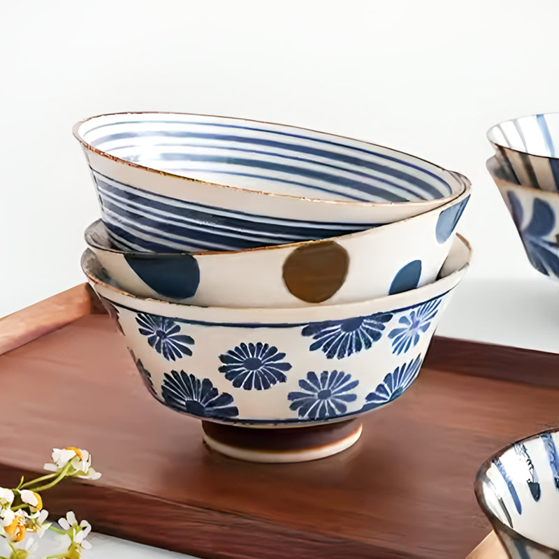 Japanese Ceramic Rice Bowl PAIKAJI 13cm Indigo Swirl