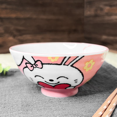 Japanese Ceramic Rice Bowl 10.5cm Cute Bunny Rabbit Pink