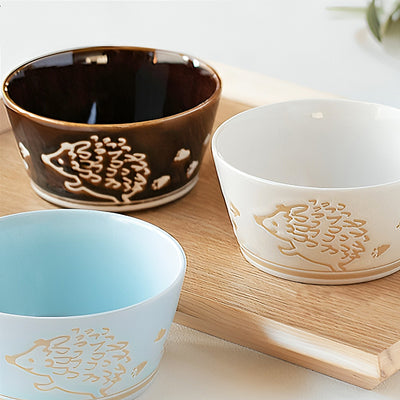 Japanese Ceramic Rice Bowl 13cm Hedgehog Dark Brown