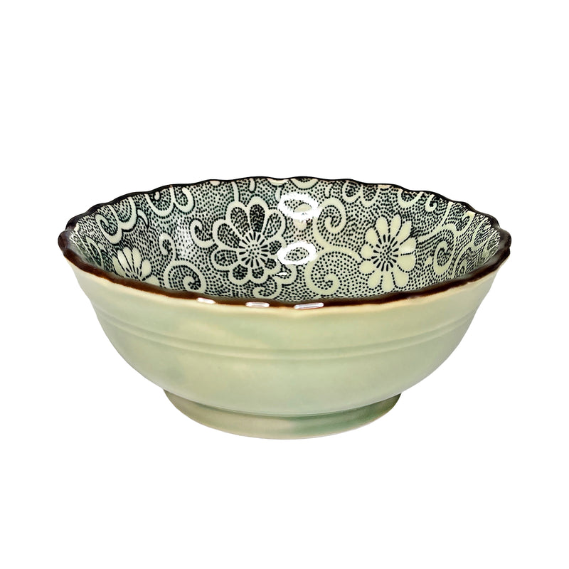 Japanese Ceramic Rice Bowl Antique Flowers & Vines 12cm