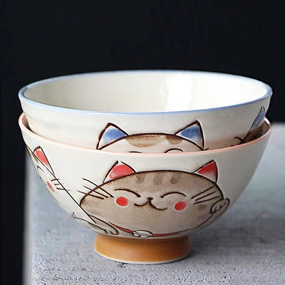 Japanese Ceramic Rice Bowl 11.5cm Maneki Lucky Cat Pink