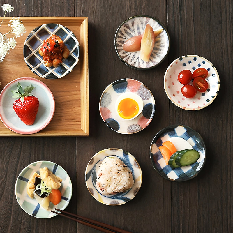 Japanese Ceramic Sauce Dish 9cm Blue Grid