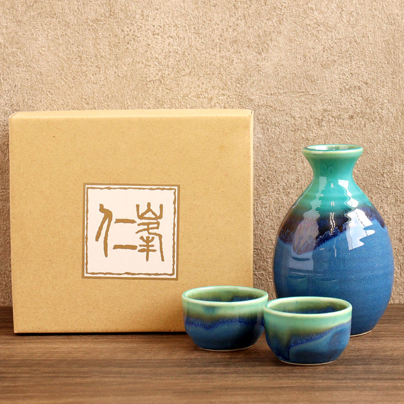 Awasaka Japanese Gift Set of 3 Sake Bottle & Cups Sea&