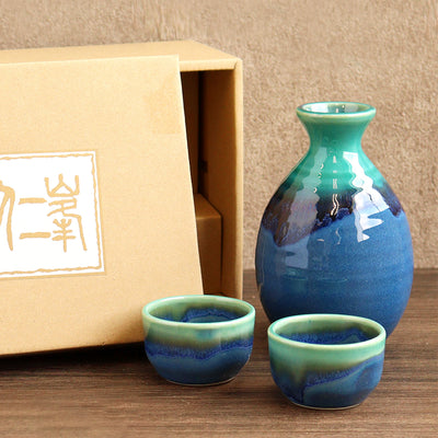 Awasaka Japanese Gift Set of 3 Sake Bottle & Cups Sea's Palette