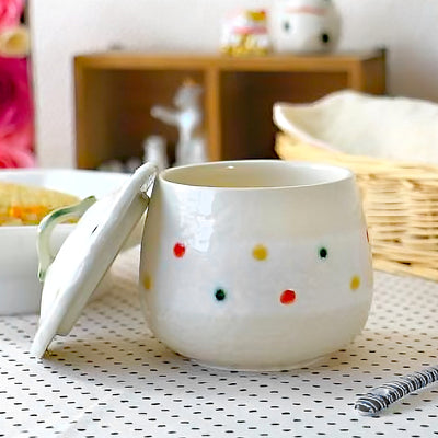 Ceramic Chawanmushi Soup Bowl With Lid Coloured Dots