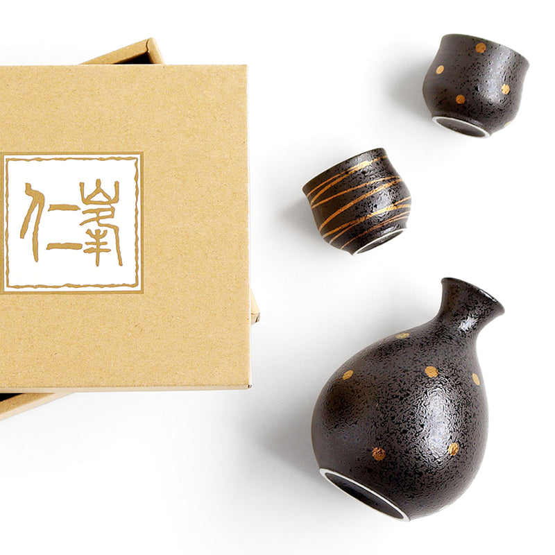 Japanese Gift Set of 3 Sake Bottle & Sake Cups Gold Dots & Lines