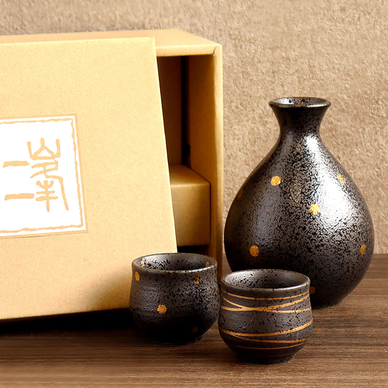 Japanese Gift Set of 3 Sake Bottle & Sake Cups Gold Dots & Lines