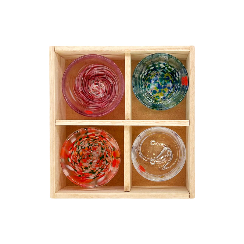 Cold Sake Glasses Cups Set Handcraft Rainbow Color Teacups Set Of 4 (Spring/Summer/Autumn/Winter) With Wood Gift Box