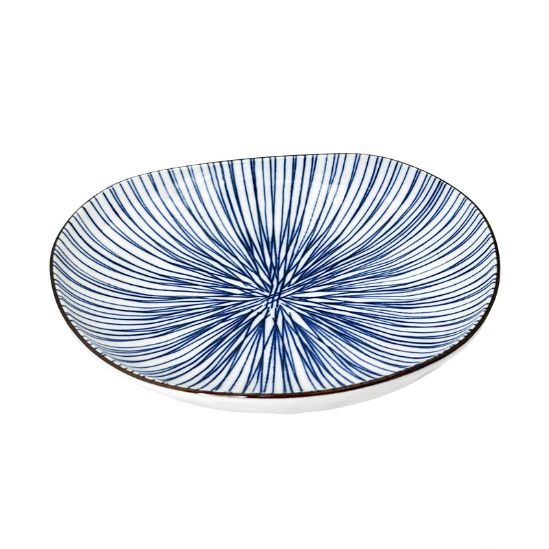 Japanese Ceramic Irregular Serving Plate 16.5cm Blue Lines