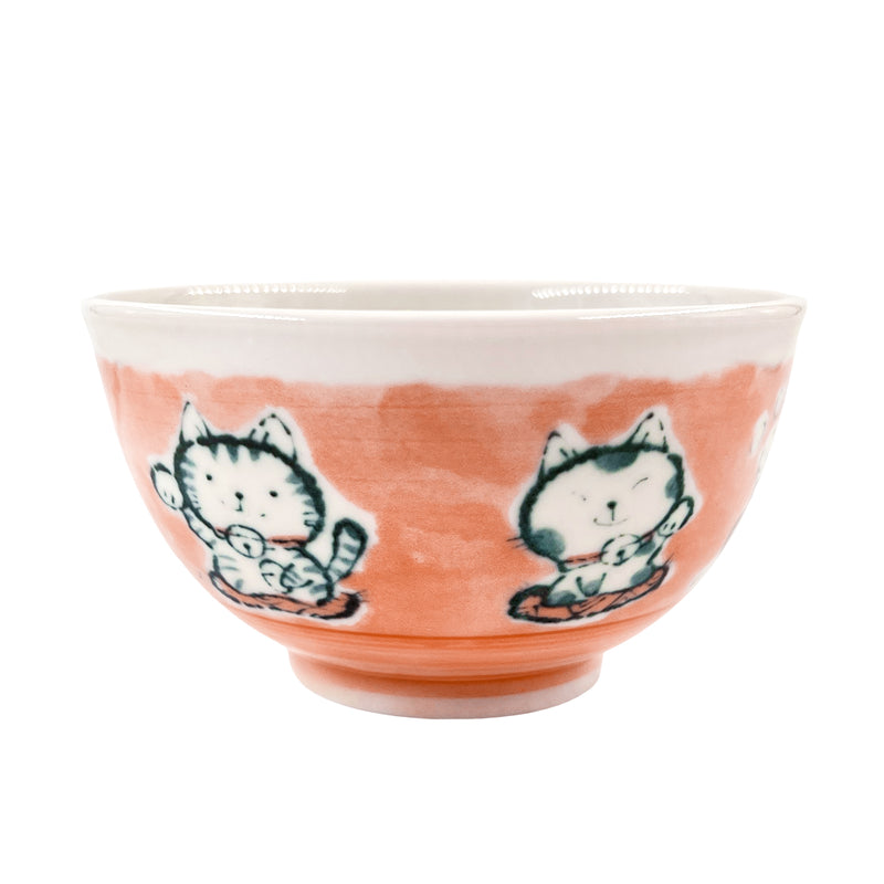 Japanese Ceramic Rice Bowl 13cm Maneki Lucky Cat Peach